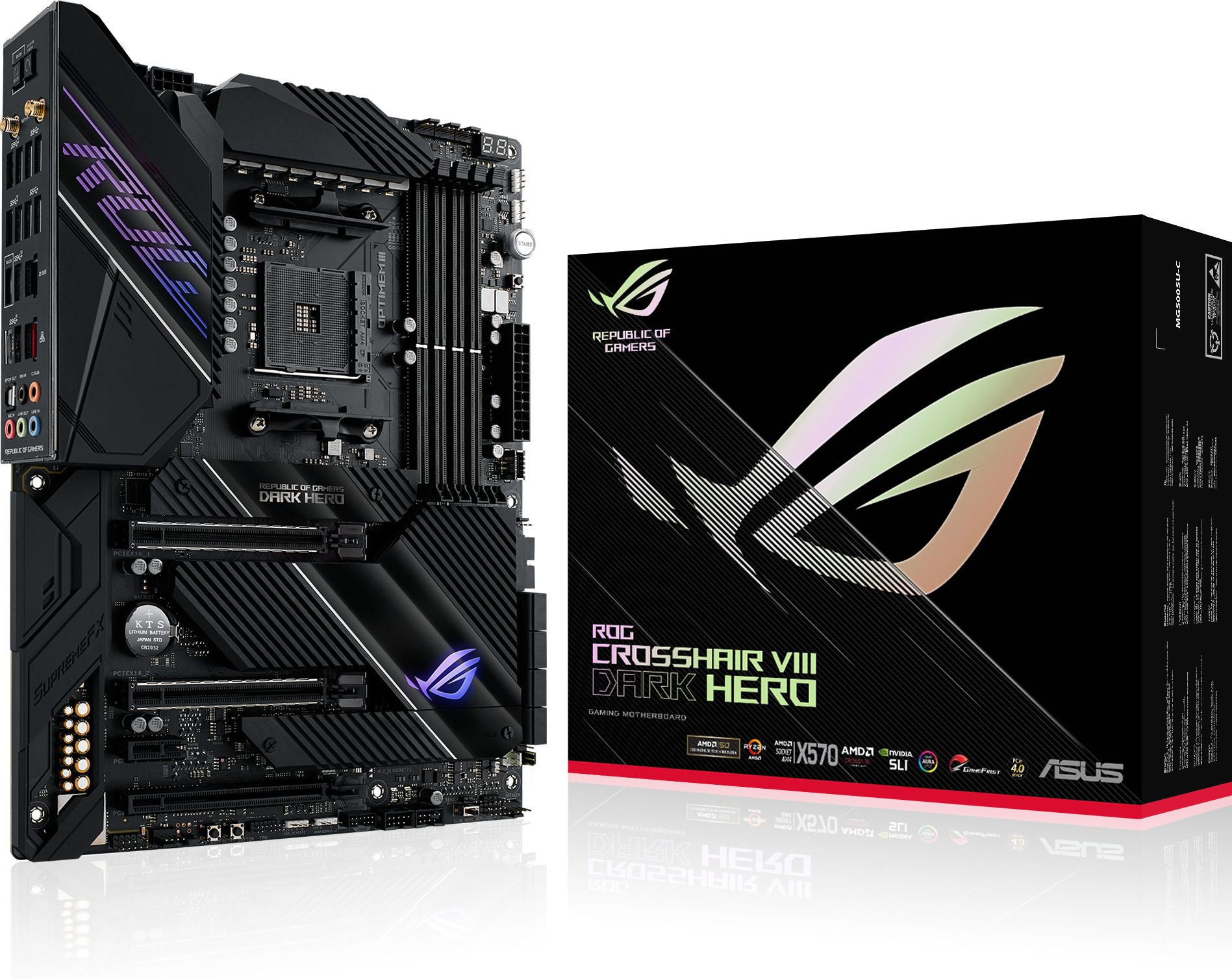 ASUS ROG CROSSHAIR VIII DARK HERO AMD X570 ATX gaming motherboard with PCIe 4.0 16 Wi-Fi 6 802.11ax 2.5Gbps USB 3.2 SATA M.2 RGB